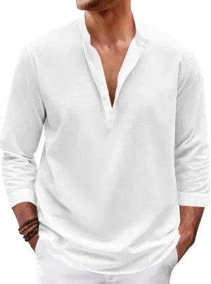 Karlywindow Mens Linen Henley Shirts Long Sleeve Hippie Yoga Summer Beach Casual Henleys T-Shirt