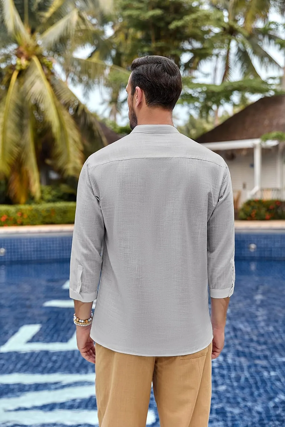 Karlywindow Mens Linen Henley Shirts Long Sleeve Hippie Yoga Summer Beach Casual Henleys T-Shirt