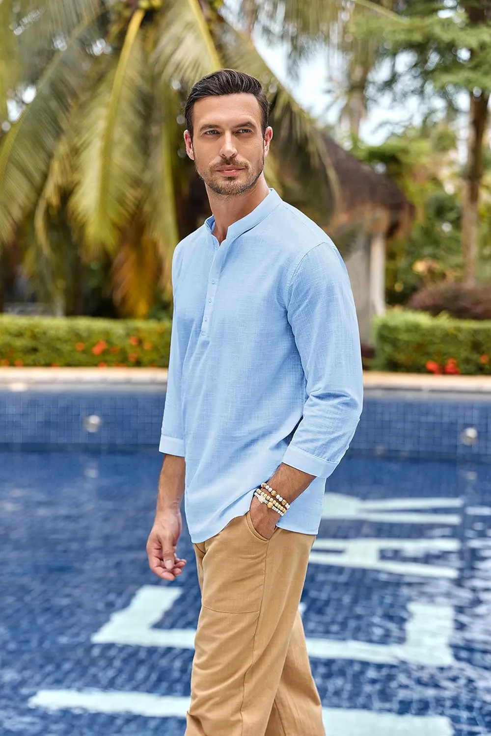Karlywindow Mens Linen Henley Shirts Long Sleeve Hippie Yoga Summer Beach Casual Henleys T-Shirt