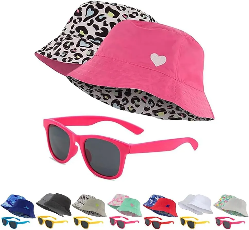 Kids Bucket Hat for Girls & Boys, Packable Fun & Cool Reversible Beach Sun Teen Toddler Bucket Hat with Sunglasses 3-14Y
