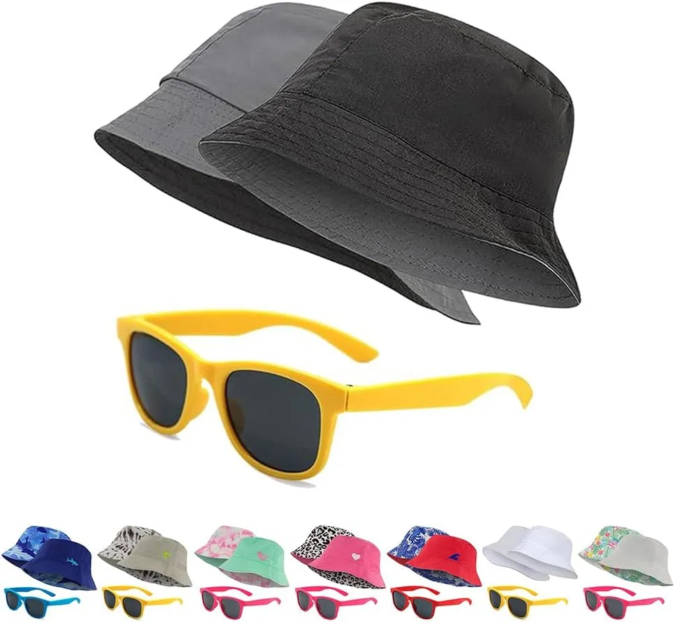 Kids Bucket Hat for Girls & Boys, Packable Fun & Cool Reversible Beach Sun Teen Toddler Bucket Hat with Sunglasses 3-14Y