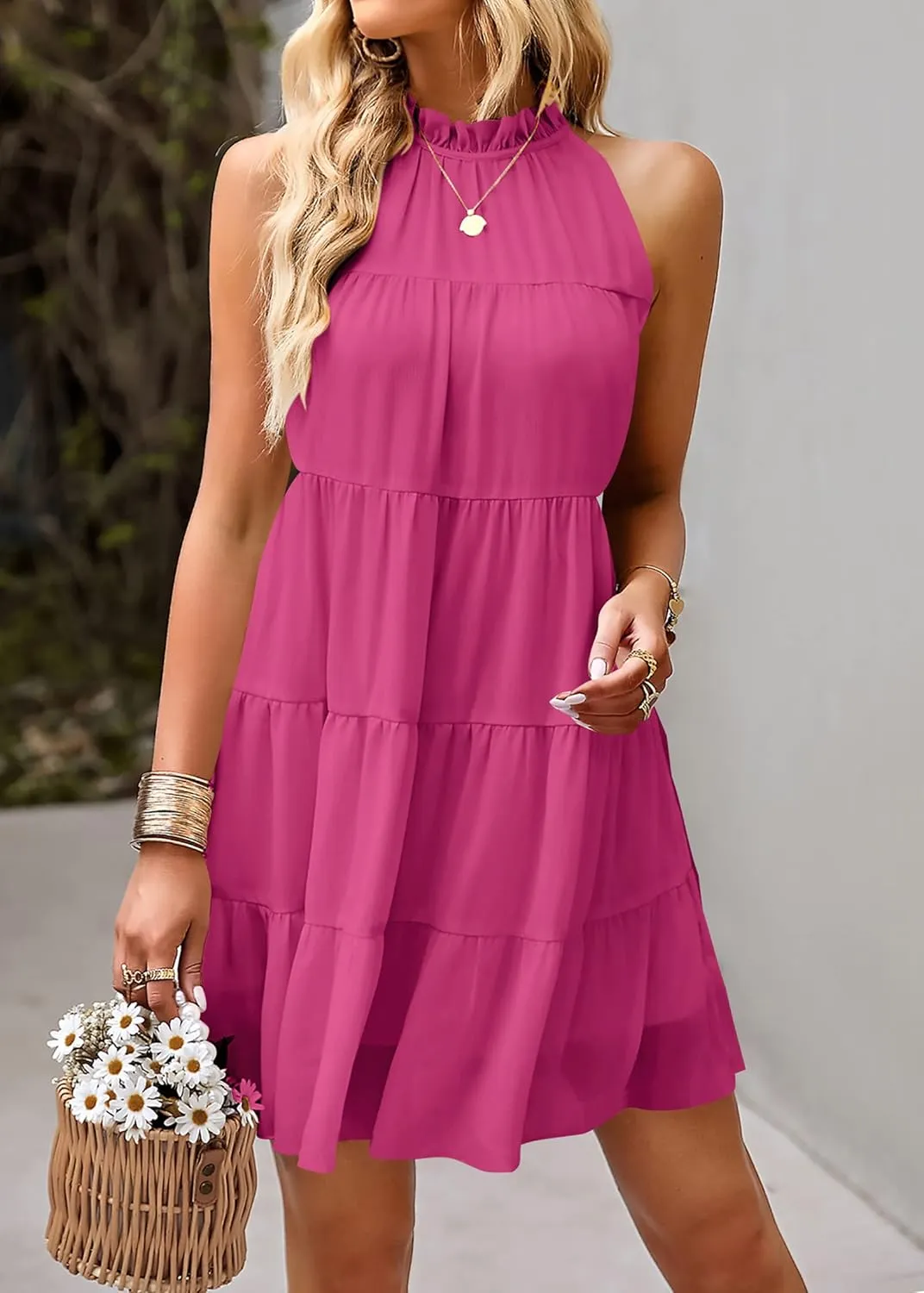 KIRUNDO Womens Summer Dresses 2025 Casual Halter Sundress Sleeveless Flowy Mini Babydoll Tiered Pleated Beach Dress
