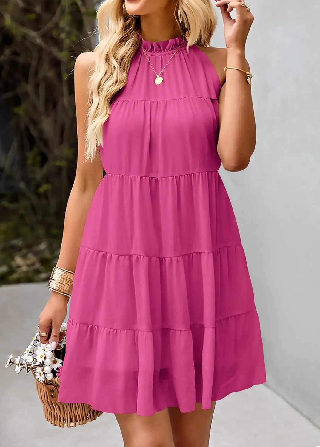 KIRUNDO Womens Summer Dresses 2025 Casual Halter Sundress Sleeveless Flowy Mini Babydoll Tiered Pleated Beach Dress