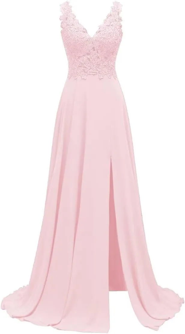 Lace Appliques Chiffon Bridesmaid Dresses 2025 Long Beaded Prom Dress A Line Formal Party Evening Gowns with Slit for Women