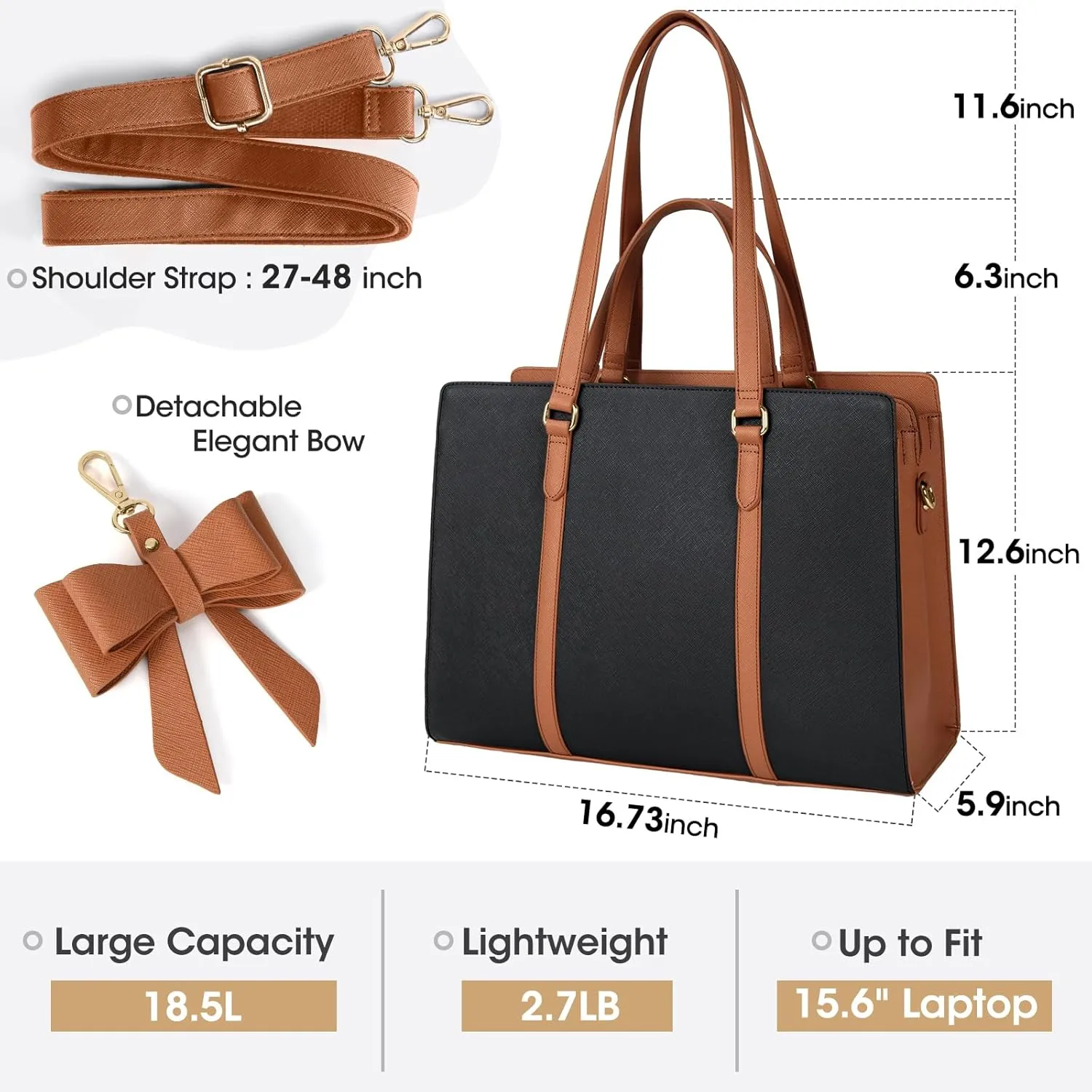 Laptop Bag for Women 15.6 inch Laptop Tote Bag Waterproof Leather Computer Bag Large Lightweight Briefcase Professional Business Office Work Bag, Black Brown