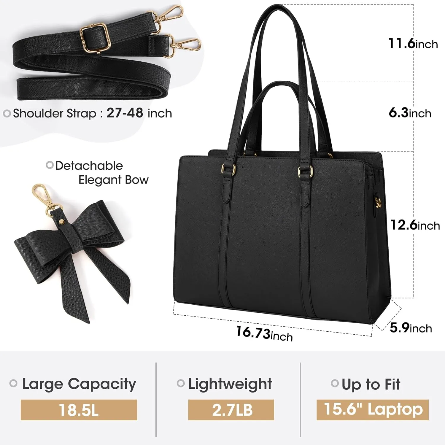 Laptop Bag for Women 15.6 inch Laptop Tote Bag Waterproof Leather Computer Bag Large Lightweight Briefcase Professional Business Office Work Bag Black