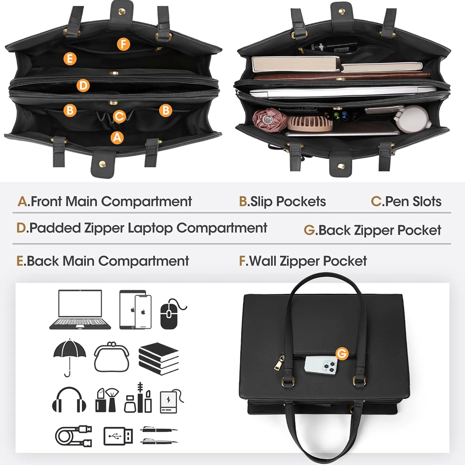Laptop Bag for Women 15.6 inch Laptop Tote Bag Waterproof Leather Computer Bag Large Lightweight Briefcase Professional Business Office Work Bag Black