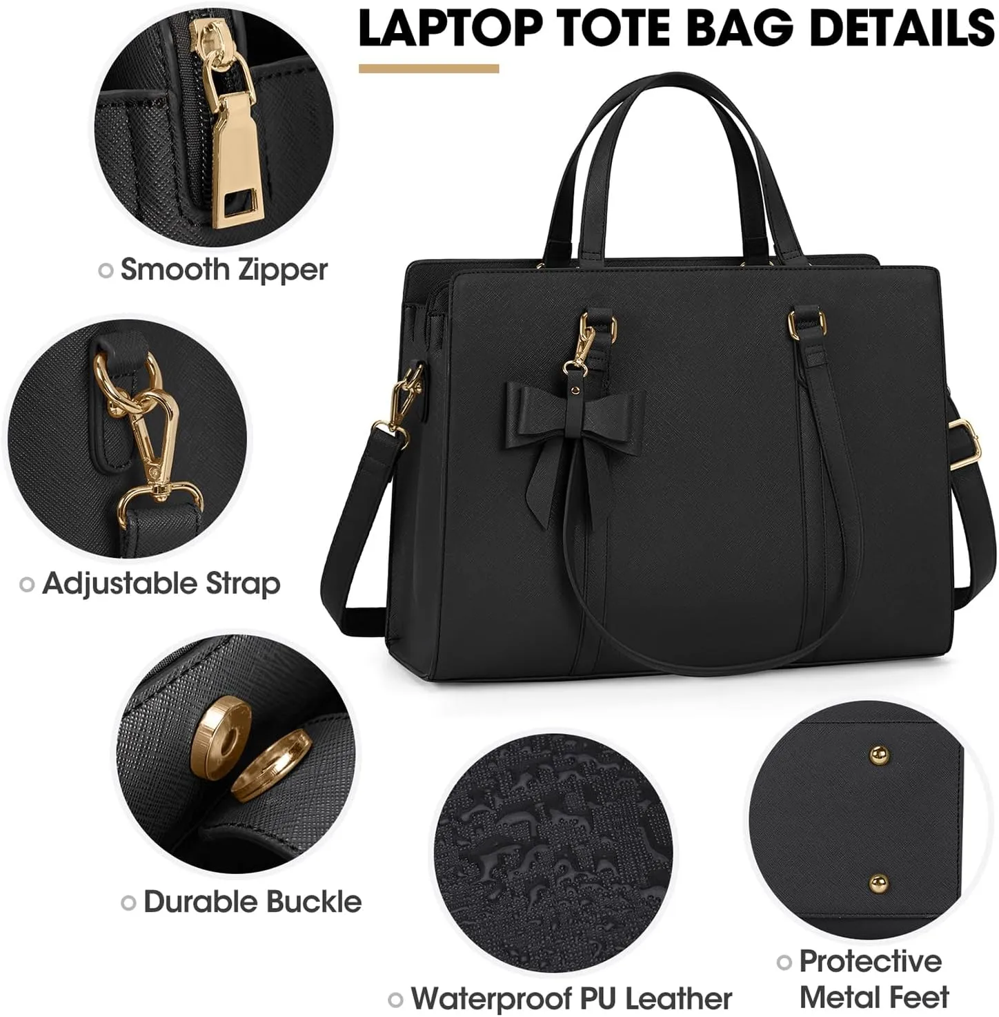 Laptop Bag for Women 15.6 inch Laptop Tote Bag Waterproof Leather Computer Bag Large Lightweight Briefcase Professional Business Office Work Bag Black