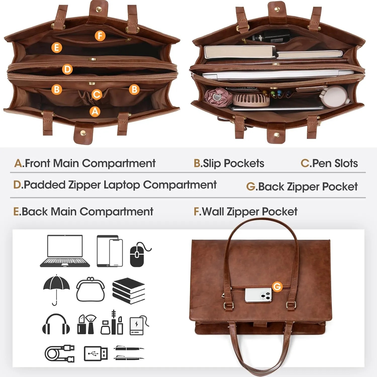 Laptop Bag for Women 15.6 inch Laptop Tote Bag Waterproof Leather Computer Bag Large Lightweight Briefcase Professional Business Office Work Bag Vintage Brown