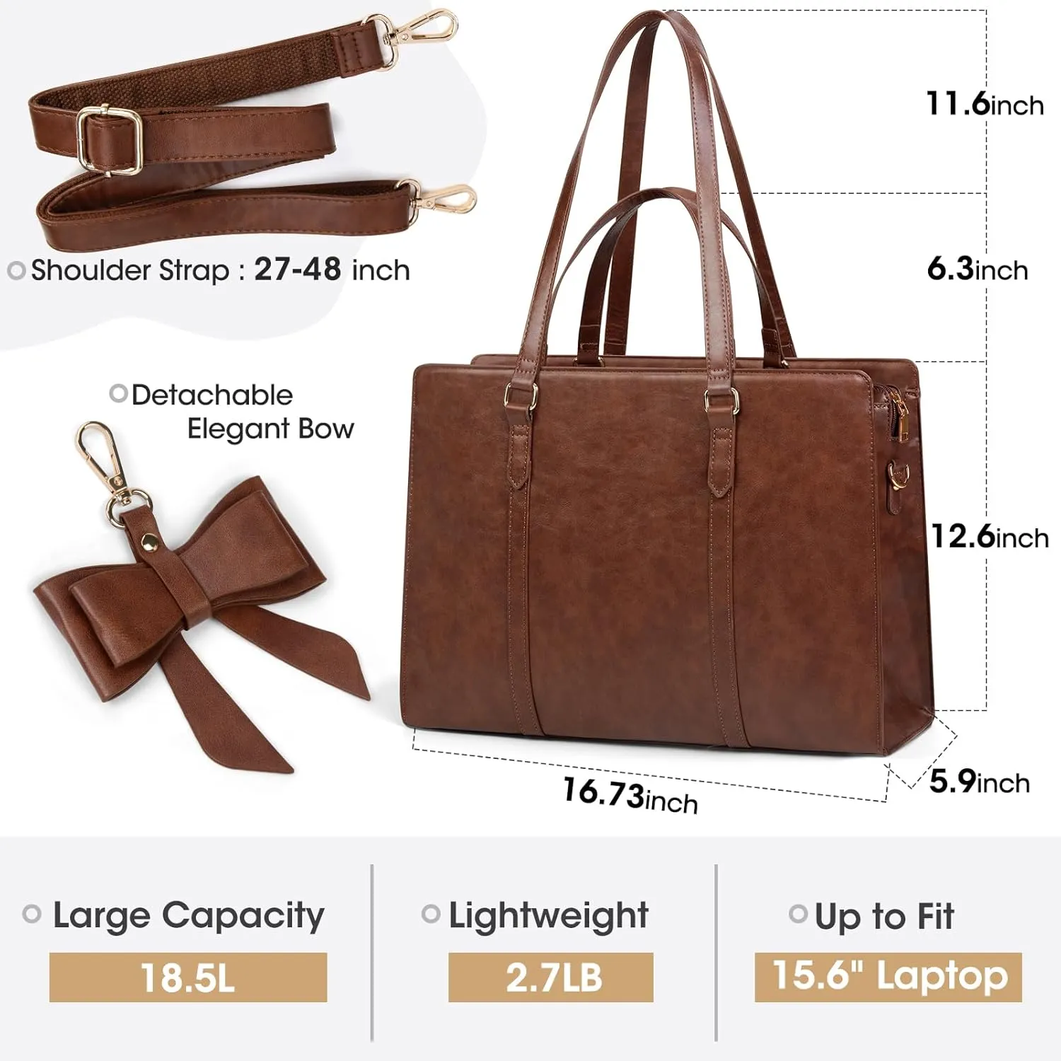 Laptop Bag for Women 15.6 inch Laptop Tote Bag Waterproof Leather Computer Bag Large Lightweight Briefcase Professional Business Office Work Bag Vintage Brown