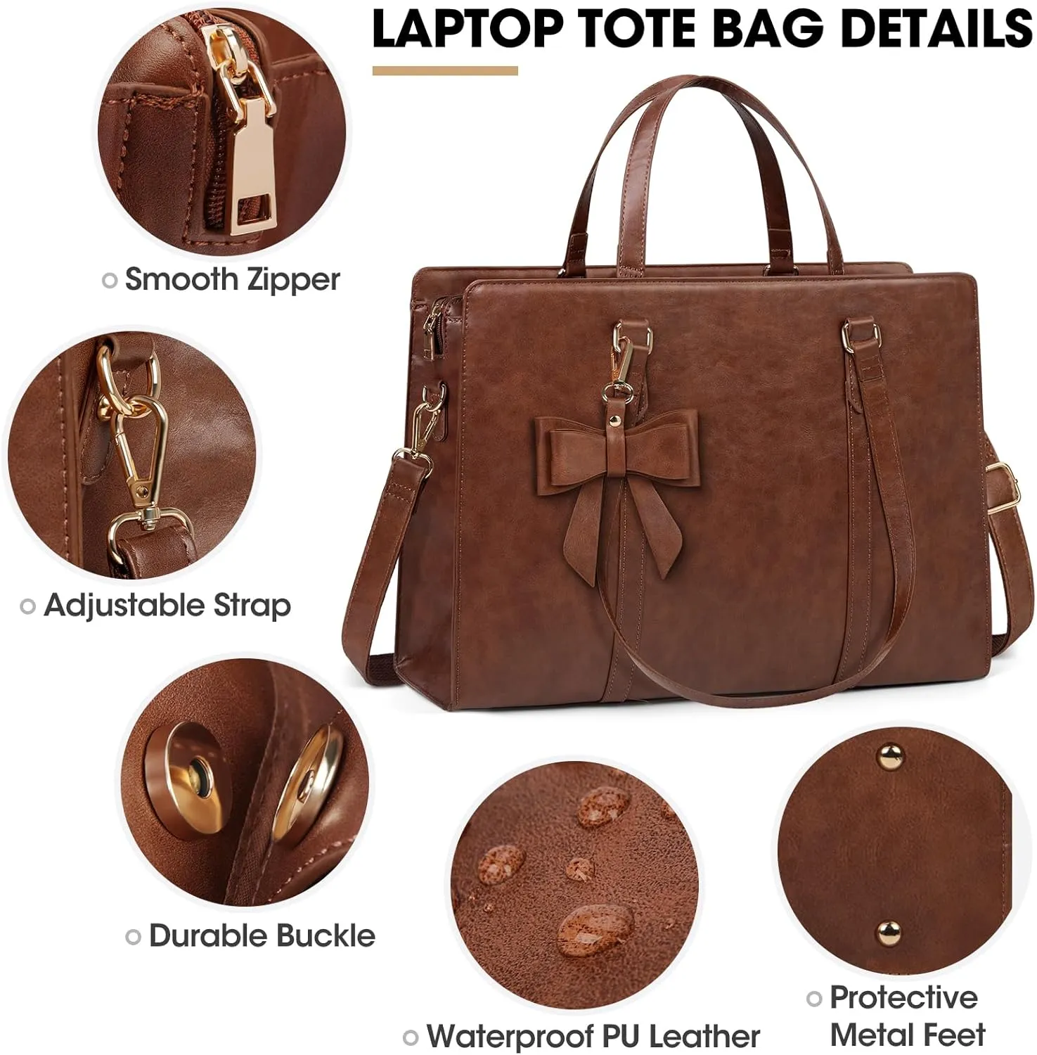 Laptop Bag for Women 15.6 inch Laptop Tote Bag Waterproof Leather Computer Bag Large Lightweight Briefcase Professional Business Office Work Bag Vintage Brown