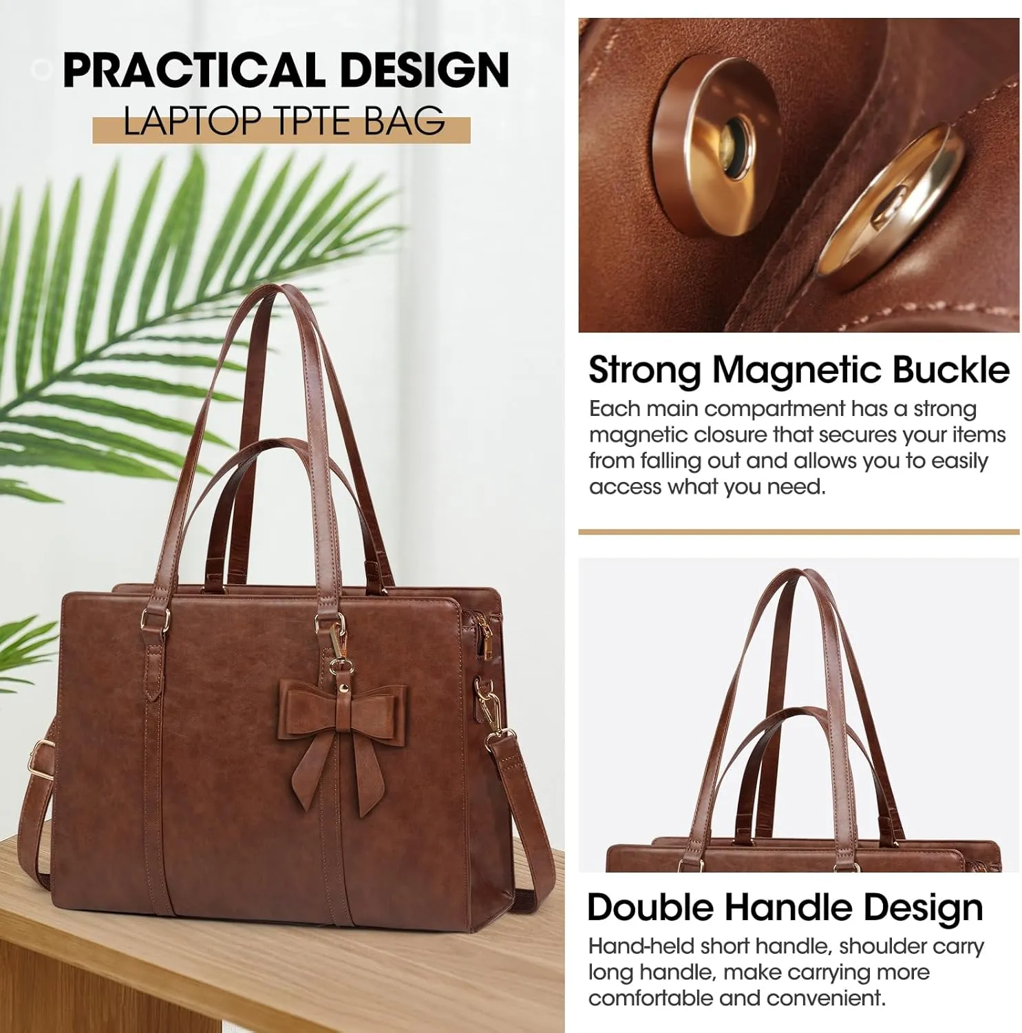 Laptop Bag for Women 15.6 inch Laptop Tote Bag Waterproof Leather Computer Bag Large Lightweight Briefcase Professional Business Office Work Bag Vintage Brown