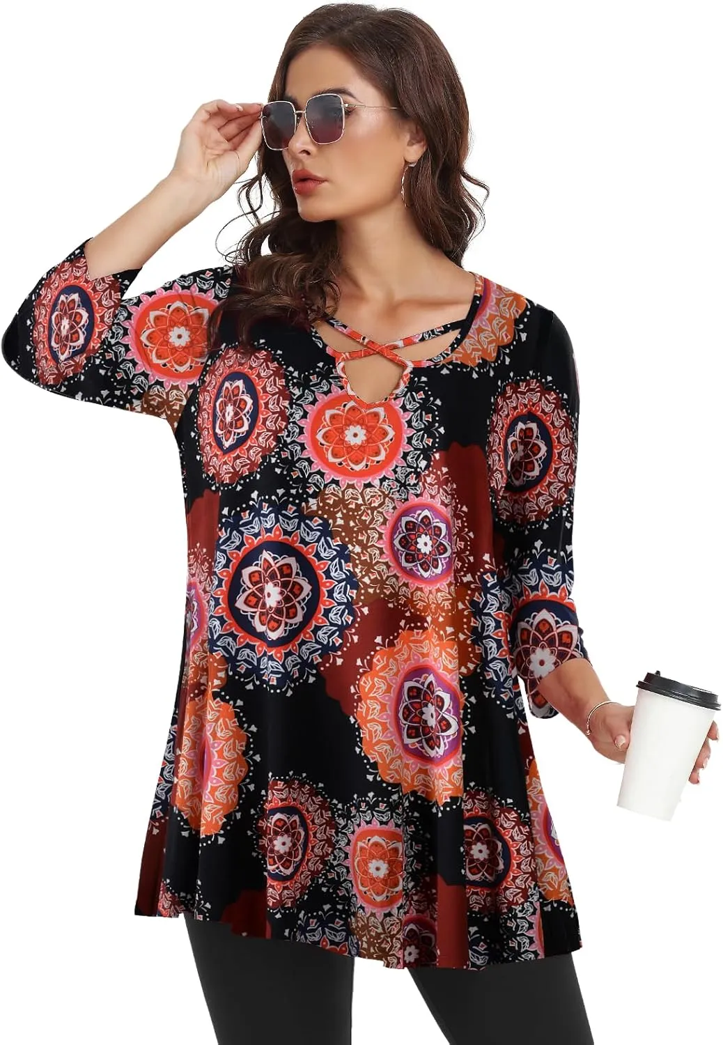 LARACE Plus Size Tops for Women V Neck 3/4 Sleeve Tunic Criss Cross Dress Shirts Casual Fall Blouse for Leggings