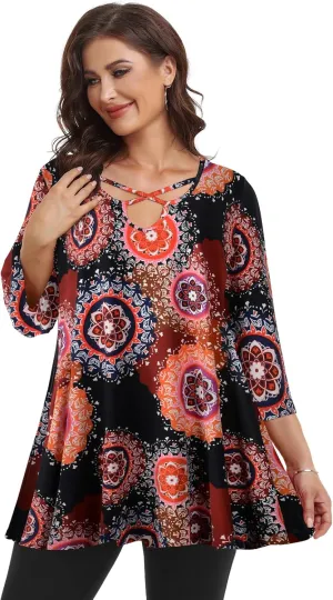 LARACE Plus Size Tops for Women V Neck 3/4 Sleeve Tunic Criss Cross Dress Shirts Casual Fall Blouse for Leggings