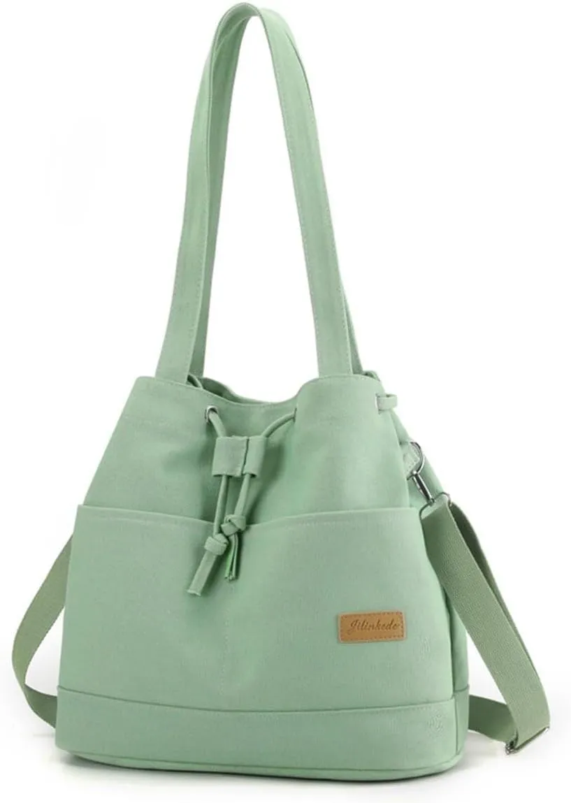 Large Shoulder Casual Crossbody Messenger Satchel Ladies Top Handle Women Drawstring Bucket Canvas Tote Handbag