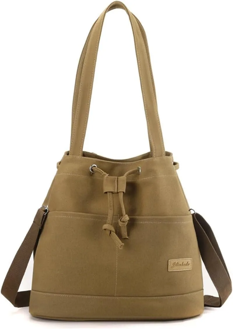 Large Shoulder Casual Crossbody Messenger Satchel Ladies Top Handle Women Drawstring Bucket Canvas Tote Handbag