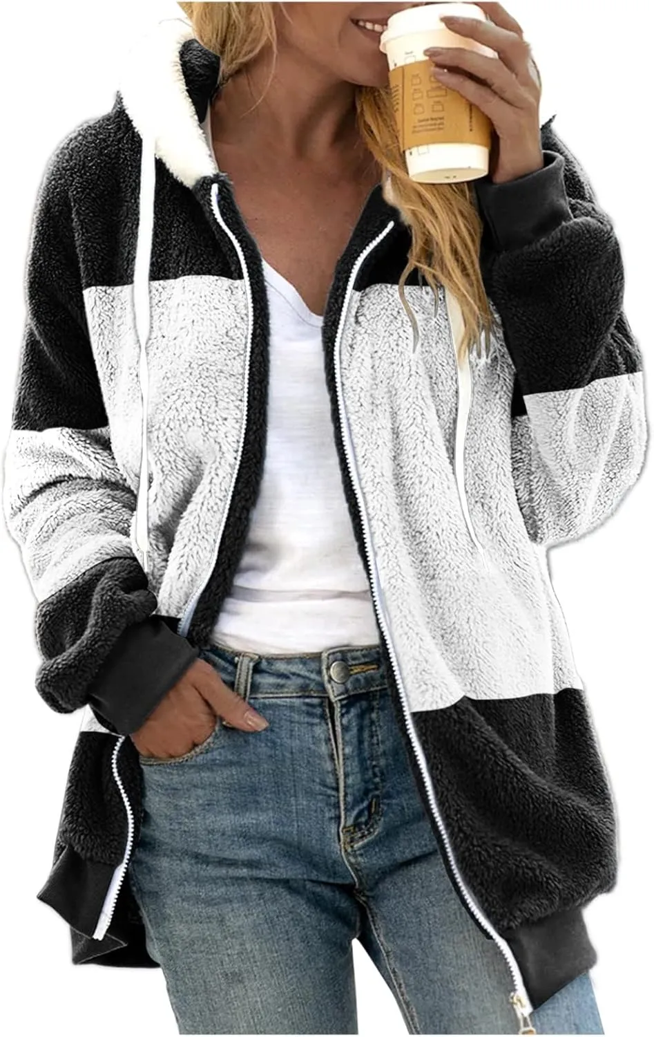 LCMTWX Womens Winter Fuzzy Fleece Jacket Color Artificial Wool Zipper Drawstring Long-Sleeved Hoodie Sweater Coats for De