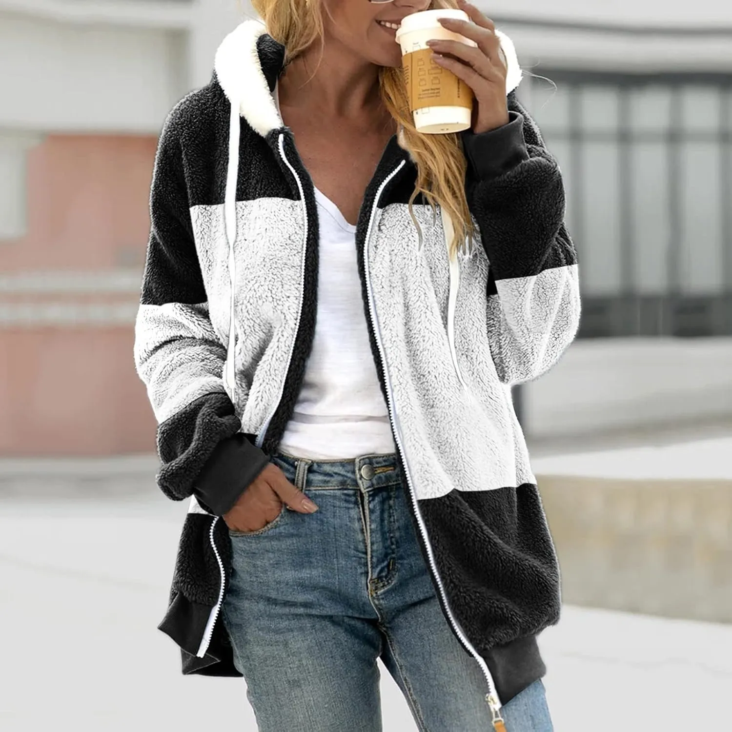 LCMTWX Womens Winter Fuzzy Fleece Jacket Color Artificial Wool Zipper Drawstring Long-Sleeved Hoodie Sweater Coats for De