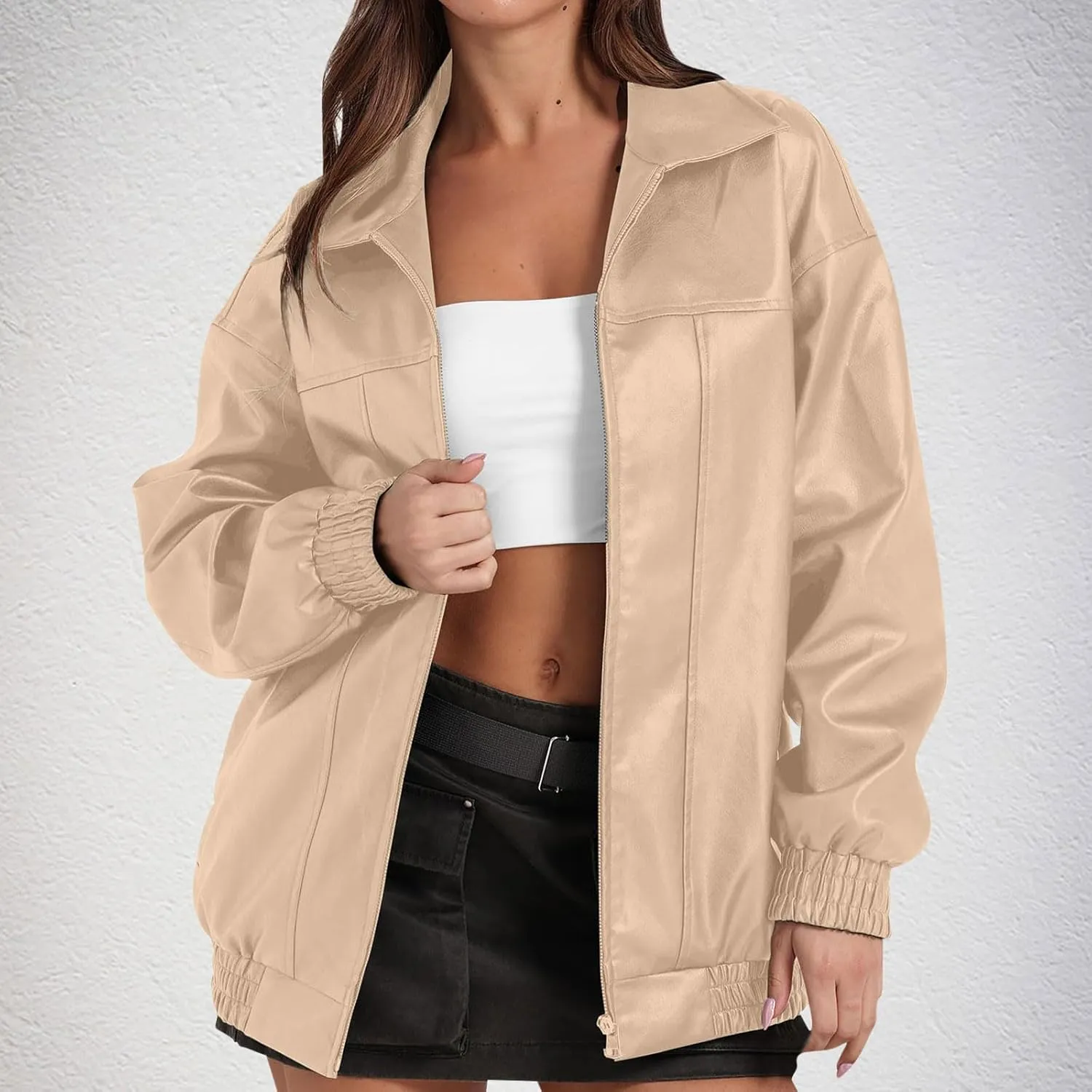 Leather Jacket Women 2024 Trendy Motorcycle Jackets Zip Up Moto Biker Coat Fall Clothes Oversized Faux Leather Jacket