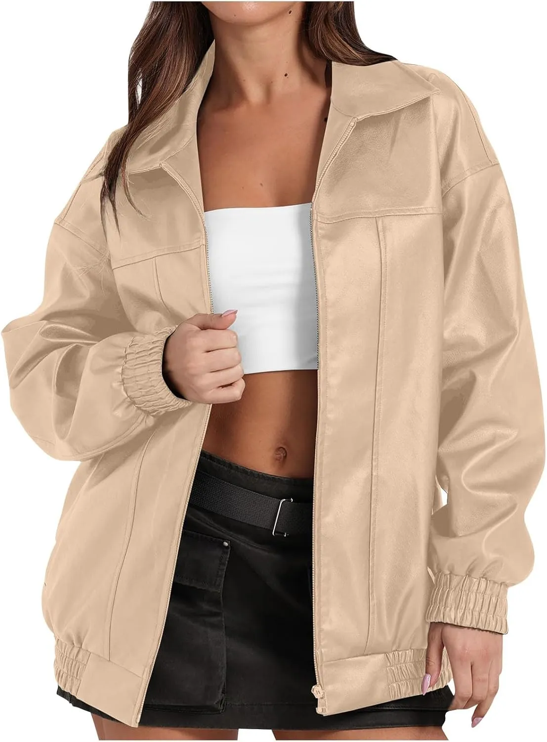 Leather Jacket Women 2024 Trendy Motorcycle Jackets Zip Up Moto Biker Coat Fall Clothes Oversized Faux Leather Jacket