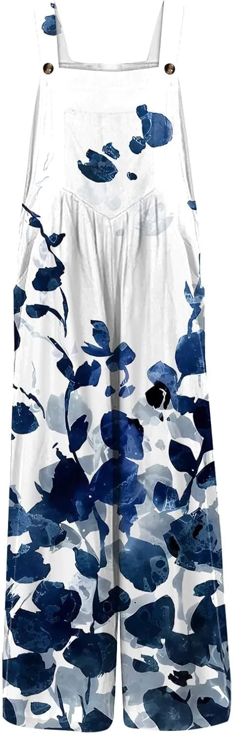 Linen Jumpsuits for Women Adjustable Straps Sleeveless Floral Printed Summer Overalls Linen Rompers with Pockets