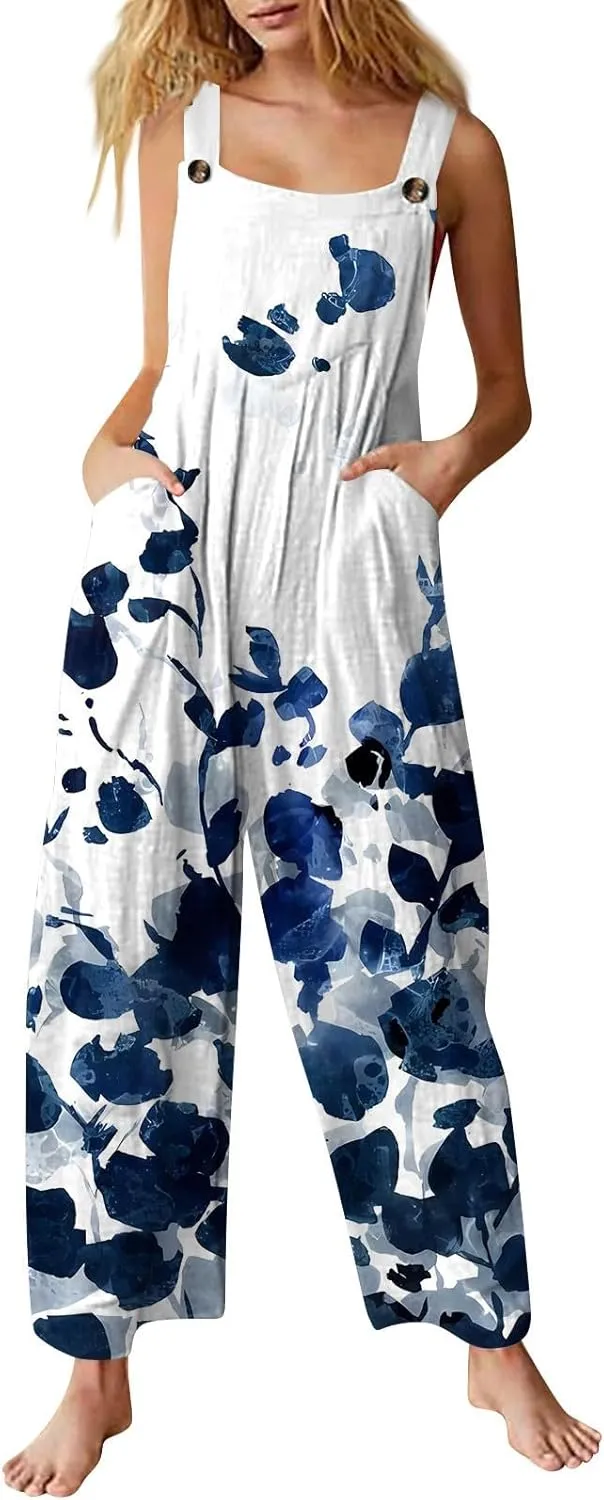 Linen Jumpsuits for Women Adjustable Straps Sleeveless Floral Printed Summer Overalls Linen Rompers with Pockets