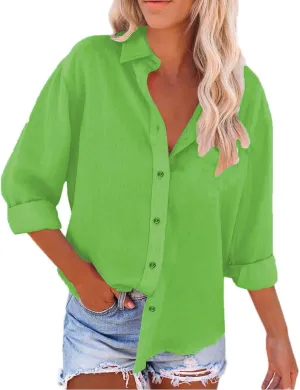 Linen Outfits Women Summer Solid Color Shirt Long Sleeve Down Shirt Loose Fit Vacation Beach Workwear Tops Womens