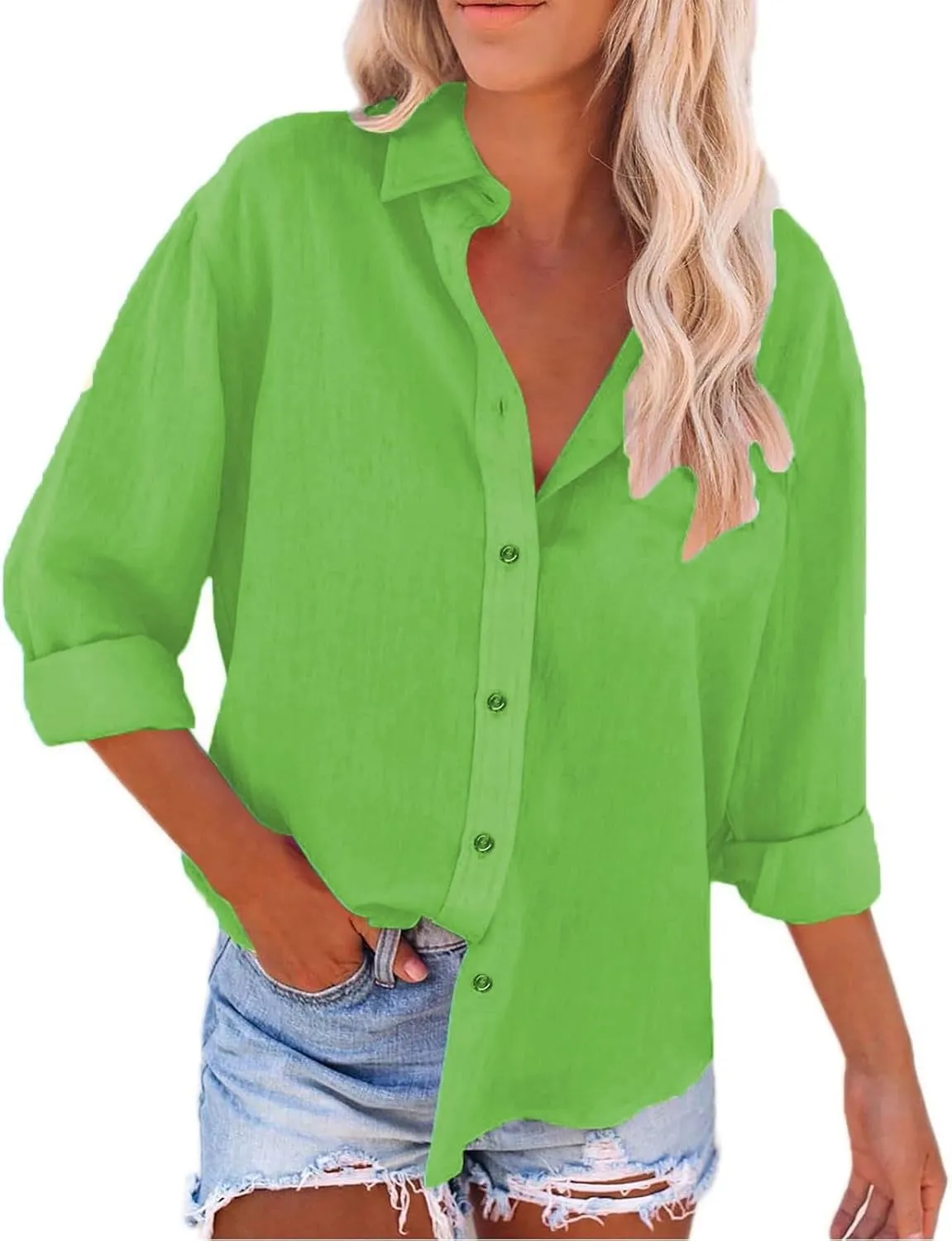 Linen Outfits Women Summer Solid Color Shirt Long Sleeve Down Shirt Loose Fit Vacation Beach Workwear Tops Womens