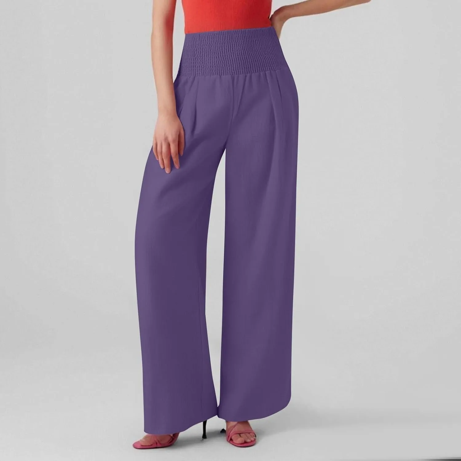 Linen Pants Women Summer High Waisted Palazzo Pants Pleated Lounge Pant Baggy Flowy Trousers with Pockets (S-XXL)