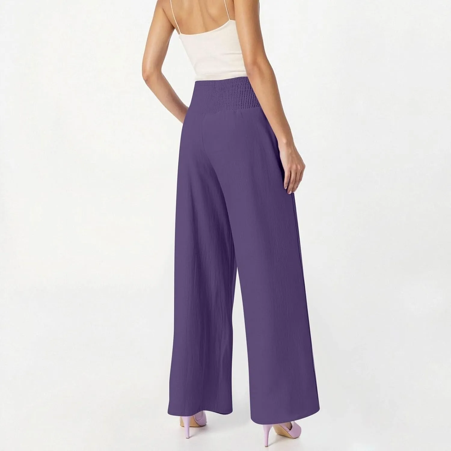 Linen Pants Women Summer High Waisted Palazzo Pants Pleated Lounge Pant Baggy Flowy Trousers with Pockets (S-XXL)