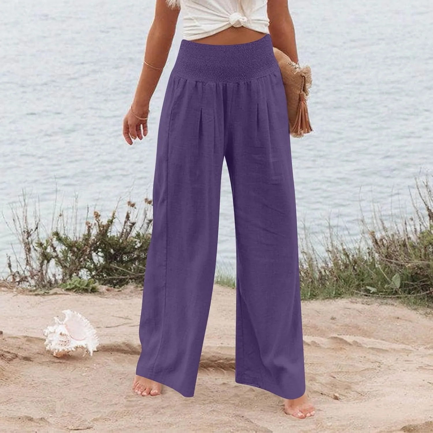 Linen Pants Women Summer High Waisted Palazzo Pants Pleated Lounge Pant Baggy Flowy Trousers with Pockets (S-XXL)