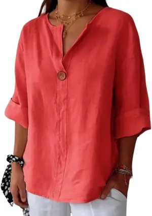 Linen Shirts for Women Plus Size Summer Tops Casual Lightweight V Neck Tees for Work 2025 Button Tunic Blouses