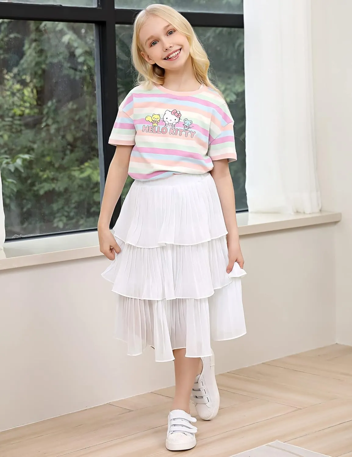 Little Girls Multi-Layers Ruffle A-line Flared Midi Knee Length Tutu Pleated Skirt