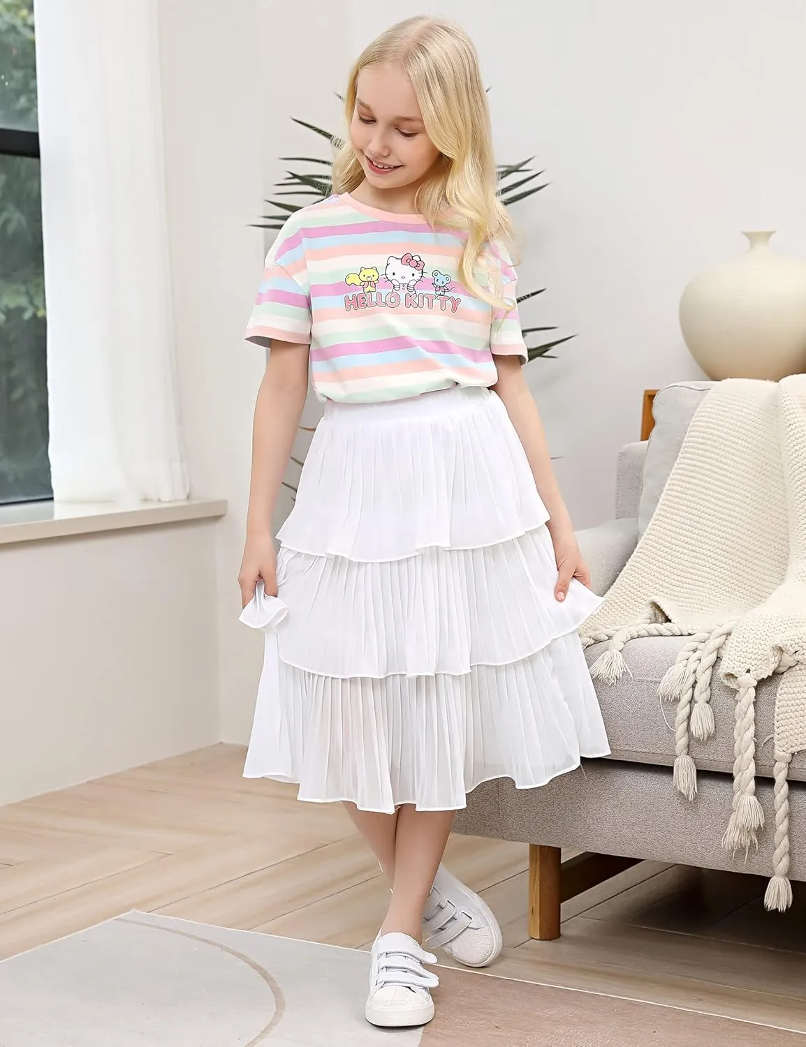Little Girls Multi-Layers Ruffle A-line Flared Midi Knee Length Tutu Pleated Skirt