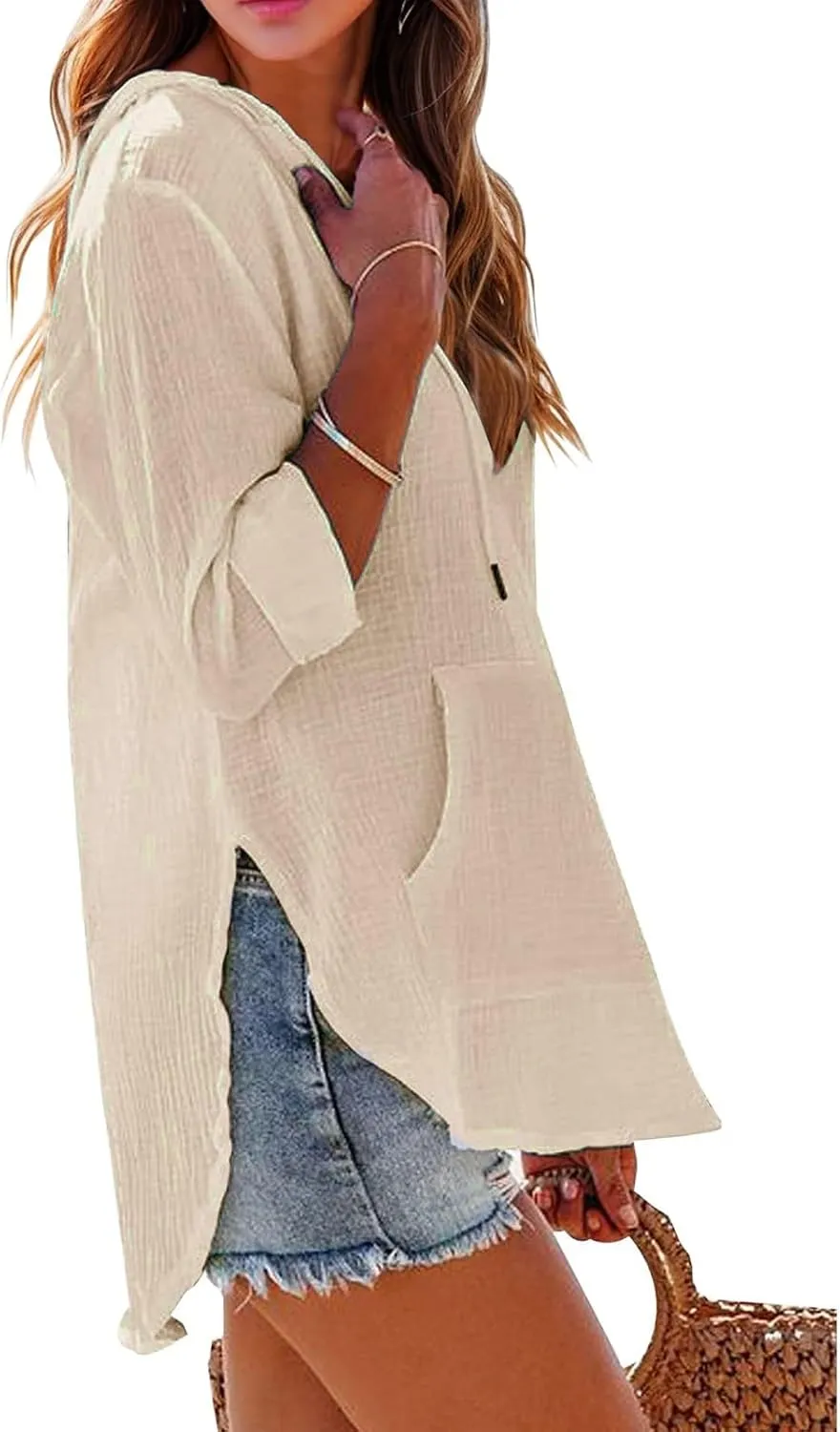 Long Sleeve Shirts for Women Casual V Neck Linen T Shirts Lightweight Pullover Tops Hoodie Sweatshirts Beach Cover Ups