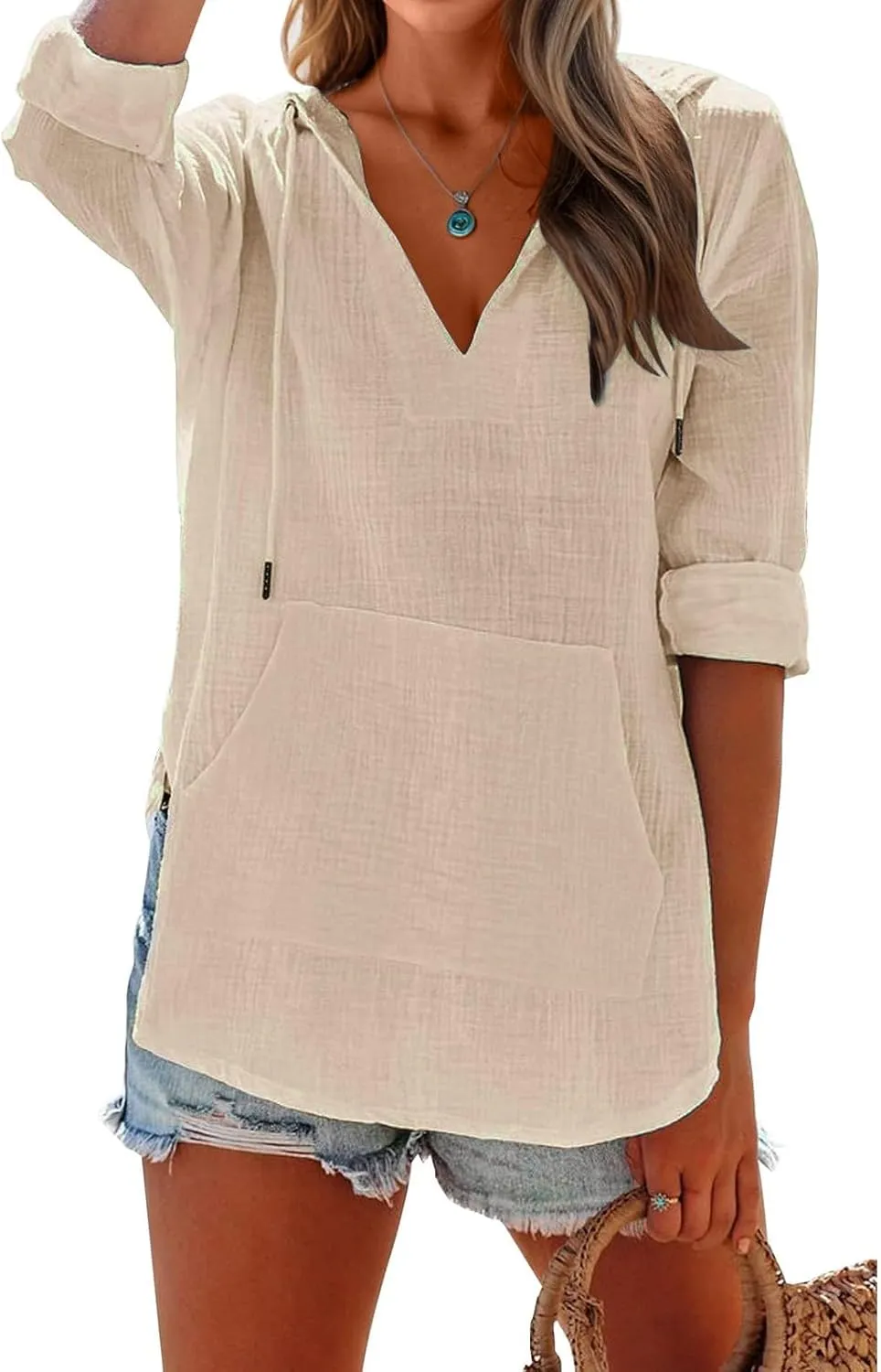 Long Sleeve Shirts for Women Casual V Neck Linen T Shirts Lightweight Pullover Tops Hoodie Sweatshirts Beach Cover Ups