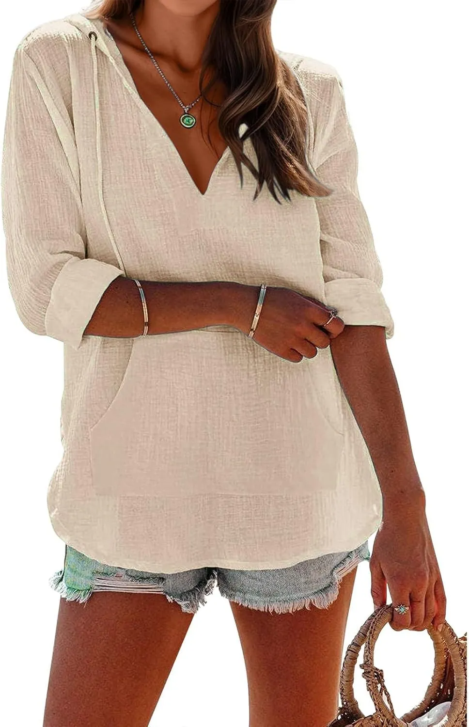 Long Sleeve Shirts for Women Casual V Neck Linen T Shirts Lightweight Pullover Tops Hoodie Sweatshirts Beach Cover Ups
