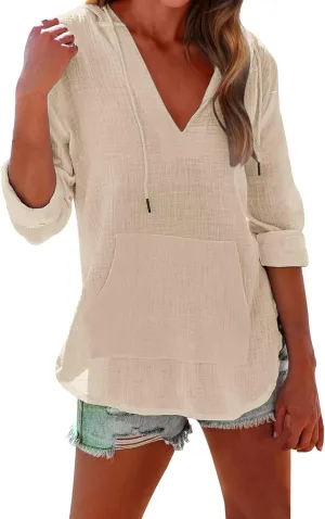 Long Sleeve Shirts for Women Casual V Neck Linen T Shirts Lightweight Pullover Tops Hoodie Sweatshirts Beach Cover Ups
