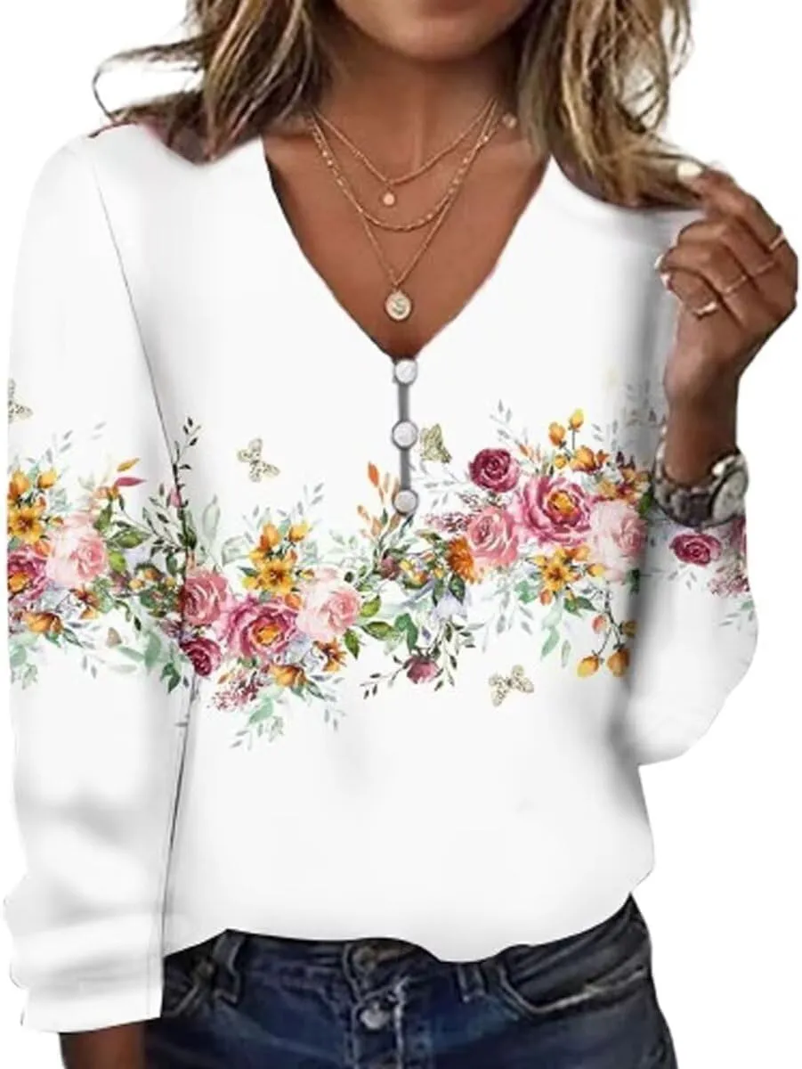 Long Sleeve Shirts for Women Dressy Casual Boho Floral Printed Tunic Tops V Neck Button Up Top 2024