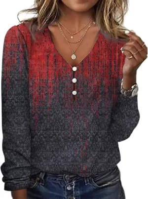 Long Sleeve Shirts for Women Dressy Casual Boho Floral Printed Tunic Tops V Neck Button Up Top 2024