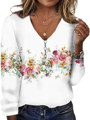 Long Sleeve Shirts for Women Dressy Casual Boho Floral Printed Tunic Tops V Neck Button Up Top 2024