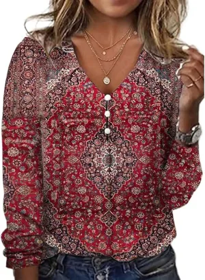 Long Sleeve Shirts for Women Dressy Casual Boho Floral Printed Tunic Tops V Neck Button Up Top 2024
