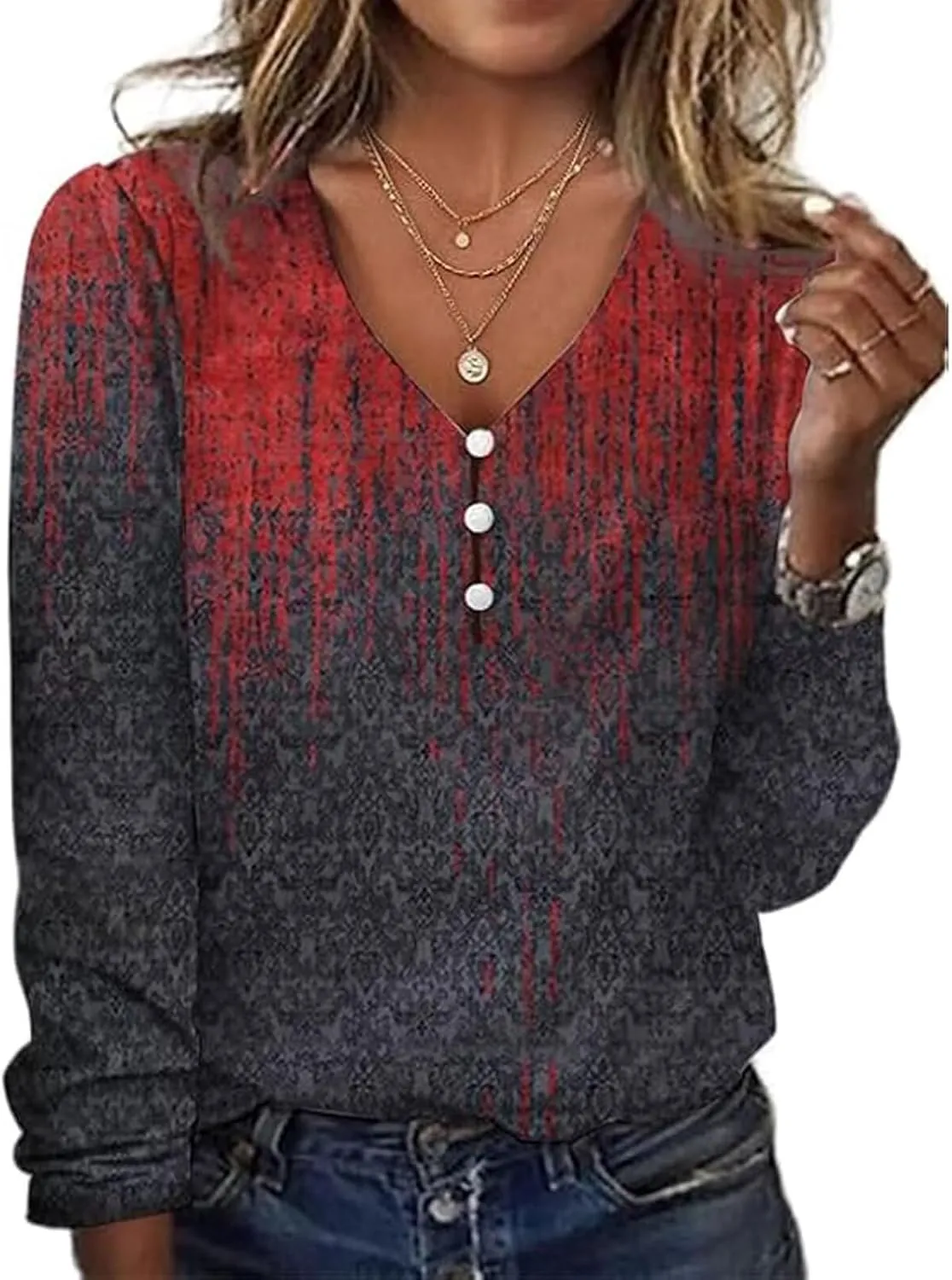 Long Sleeve Shirts for Women Dressy Casual Boho Floral Printed Tunic Tops V Neck Button Up Top 2024