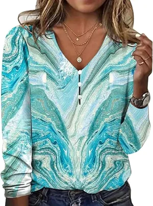 Long Sleeve Shirts for Women Dressy Casual Boho Floral Printed Tunic Tops V Neck Button Up Top 2024