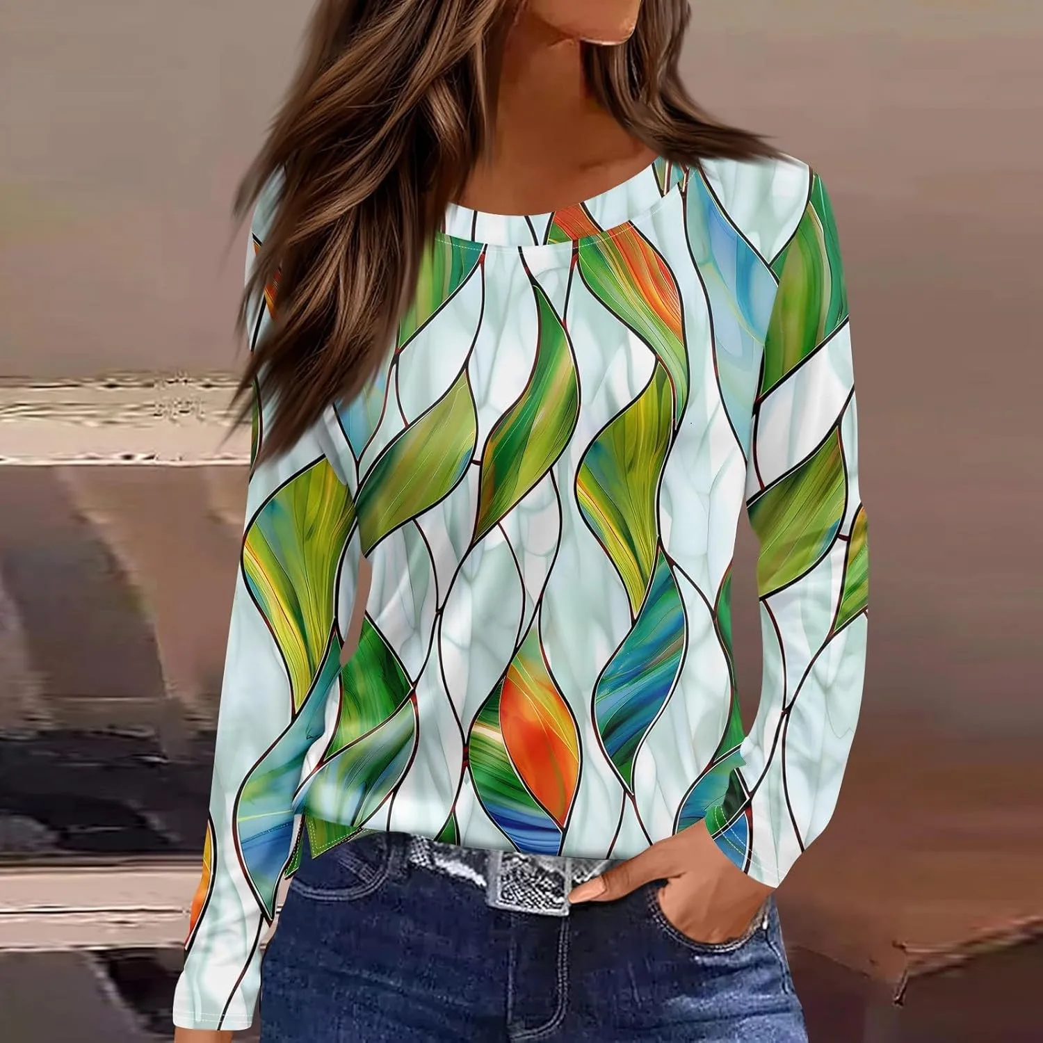 Long Sleeve Shirts for Women - Womens T Shirts Long Sleeve Crew Neck Shirts Basic Tee Sort Comfy Floral Printed Tops