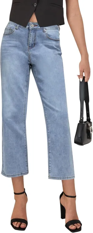 LookbookStore Cropped Jeans for Women High Waisted 90s Baggy Straight Stretchy Denim Pants Trendy Jeans with Pockets