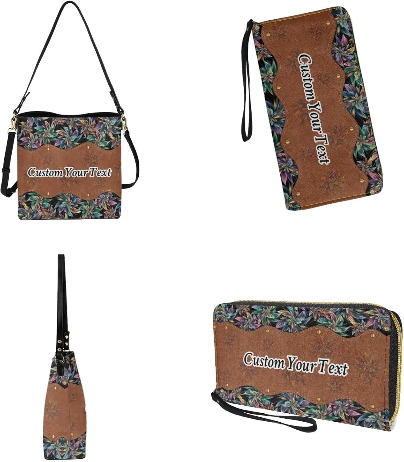 Lotusorchid Custom Bucket Crossbody Bag Set for Women with Name, Personalized Hobo Handbags Tote Purses with PU Wallet