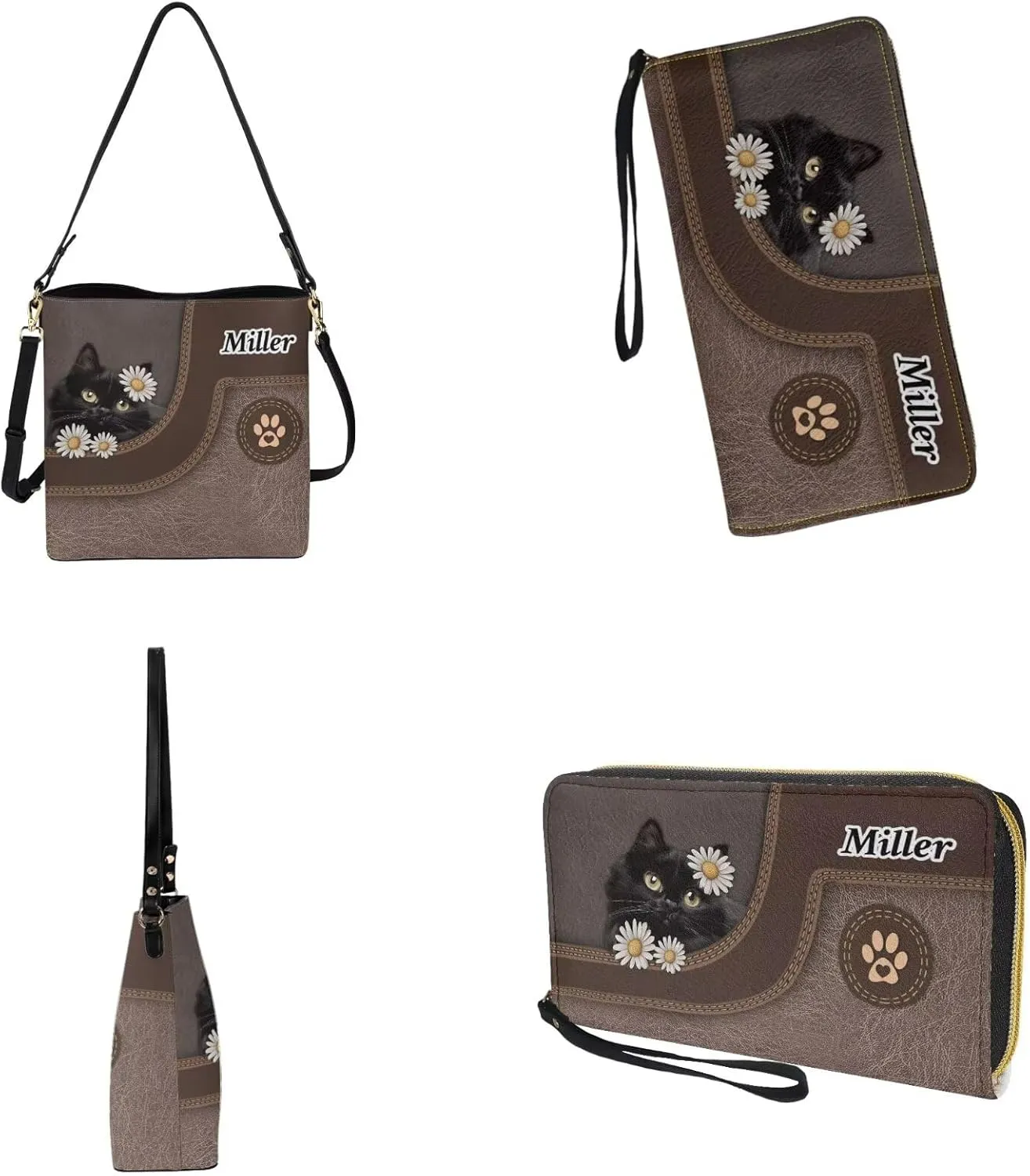 Lotusorchid Custom Bucket Crossbody Bag Set for Women with Name, Personalized Hobo Handbags Tote Purses with PU Wallet