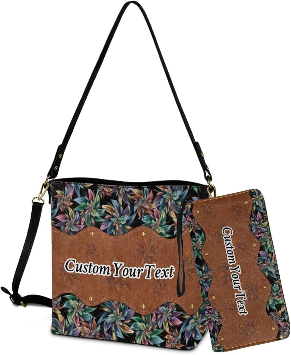 Lotusorchid Custom Bucket Crossbody Bag Set for Women with Name, Personalized Hobo Handbags Tote Purses with PU Wallet