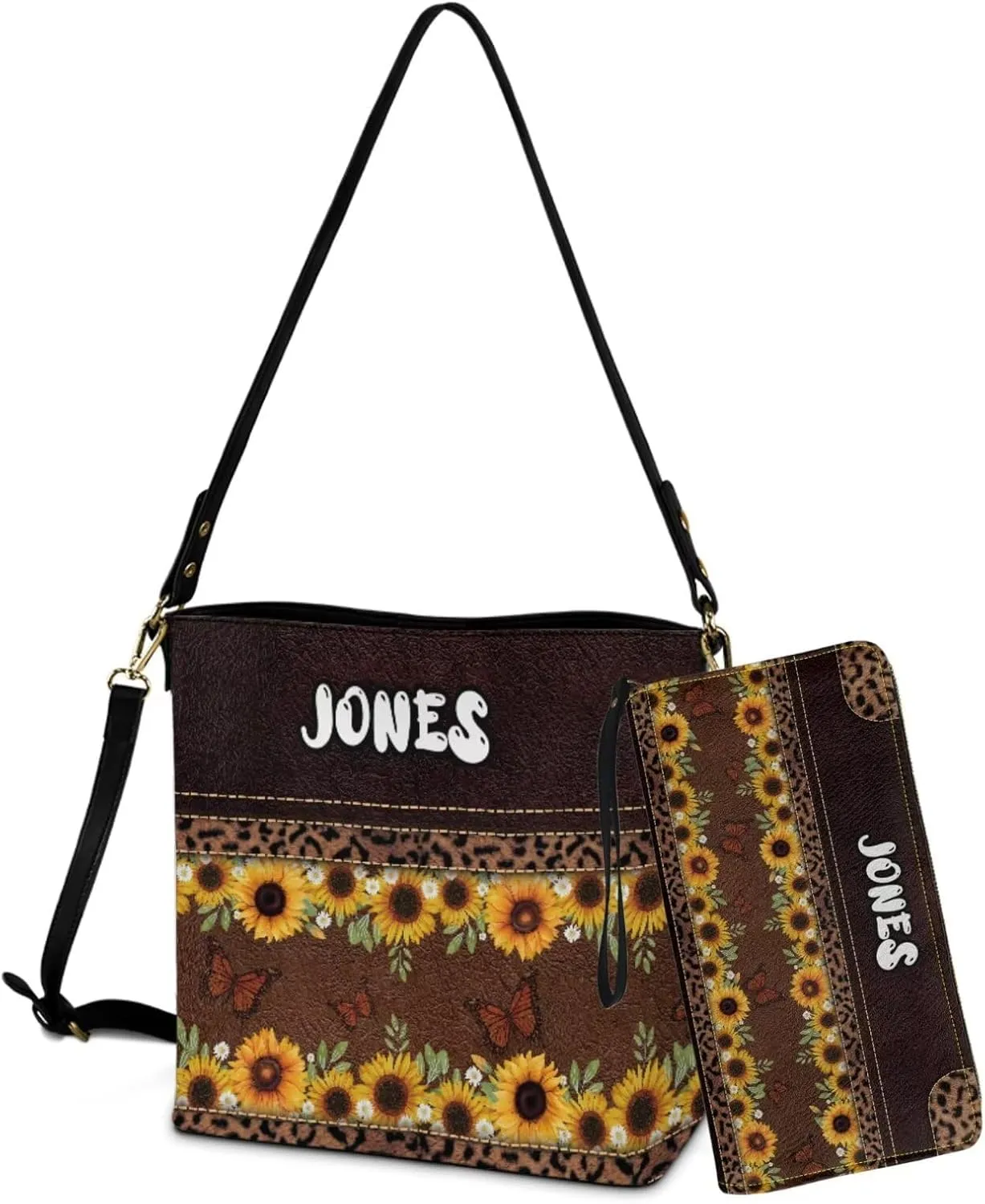 Lotusorchid Custom Bucket Crossbody Bag Set for Women with Name, Personalized Hobo Handbags Tote Purses with PU Wallet